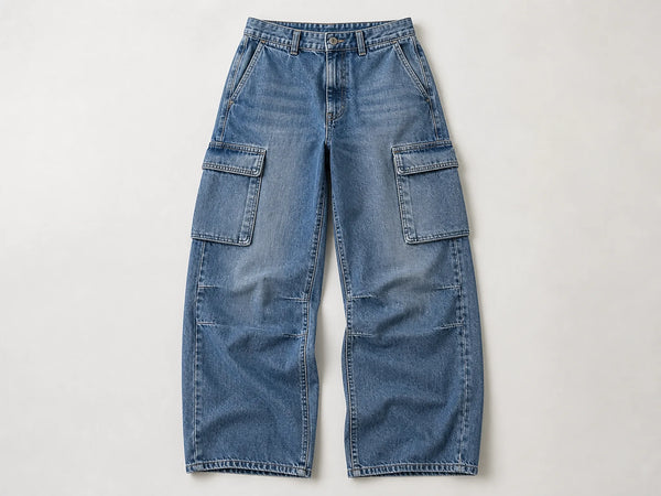 Custom blue baggy cargo jeans, front flat lay