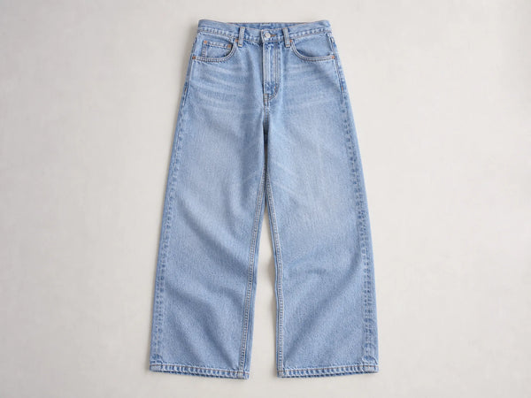 Custom light blue baggy jeans, front flat lay