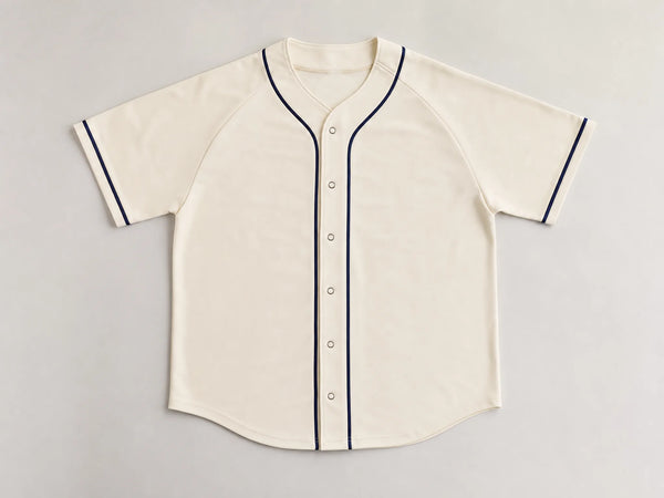 Custom cream button-front baseball jersey with navy piping, front flat lay