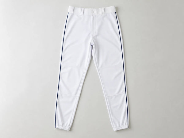 Custom white baseball pants with navy piping, front flat lay