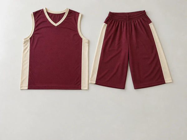 Custom burgundy and cream basketball uniform with jersey and shorts, front flat lay