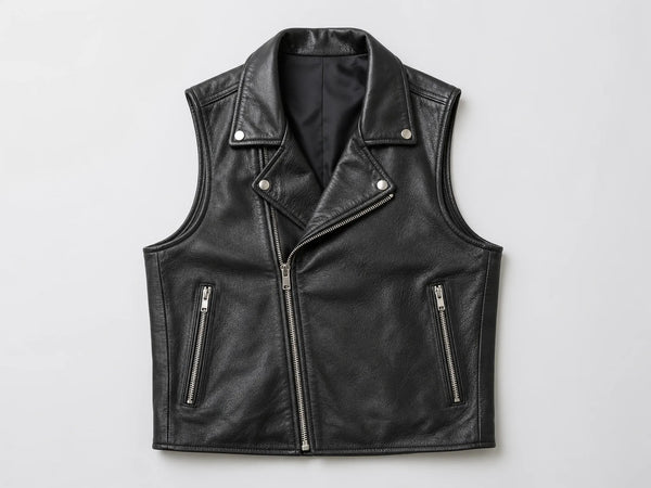Custom black biker leather vest, front flat lay