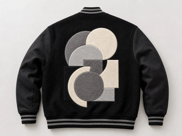 Custom black varsity jacket with abstract full-back chenille, back flat lay