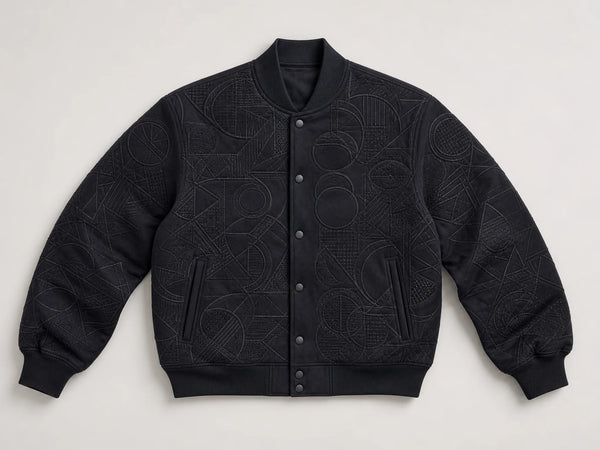 Custom black full-embroidery varsity jacket, front flat lay