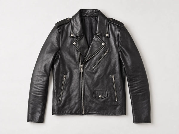 Custom black leather biker jacket, front flat lay