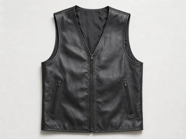 Custom black leather vest, front flat lay