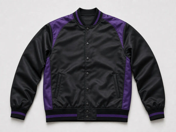Custom black and purple esports varsity jacket, front flat lay