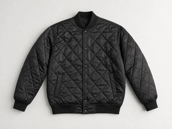 Custom black quilted satin varsity jacket, front flat lay