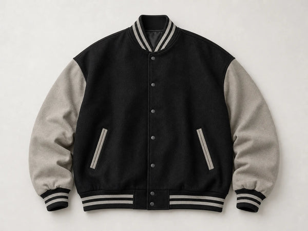 Custom black and stone streetwear varsity jacket, front flat lay