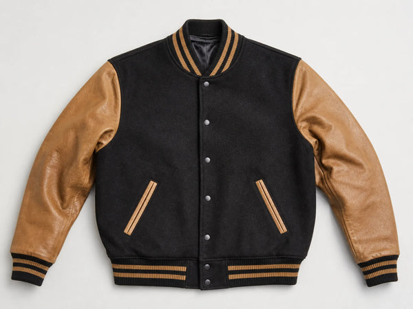 Custom black varsity jacket with tan leather sleeves, front flat lay