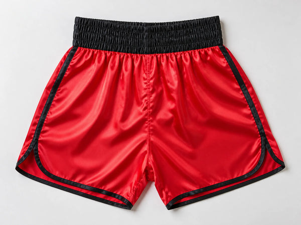 Custom red satin boxing shorts with black piping, front flat lay