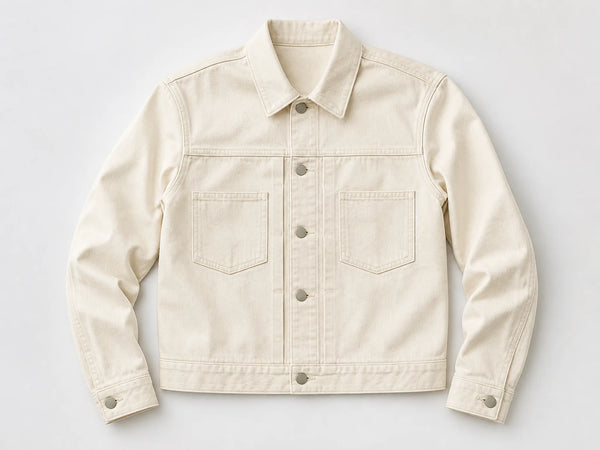 Custom ecru boxy denim jacket, front flat lay
