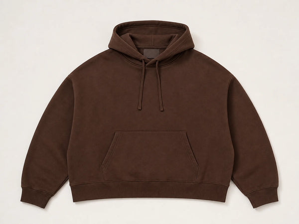 Custom boxy oversized hoodie in cocoa brown heavyweight fleece, front flat lay