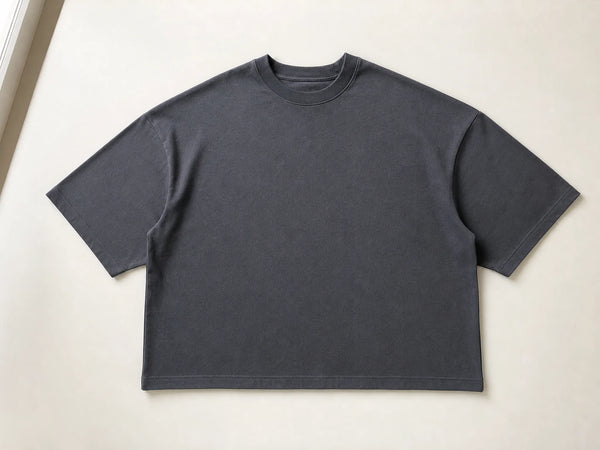 Custom boxy oversized T-shirt in charcoal heavyweight cotton, front flat lay