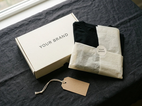 Custom branded packaging flat-lay with printed mailer box, tissue-wrapped tee and sticker seal — private label packaging