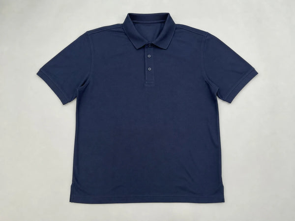 Custom navy branding-ready polo shirt, front flat lay
