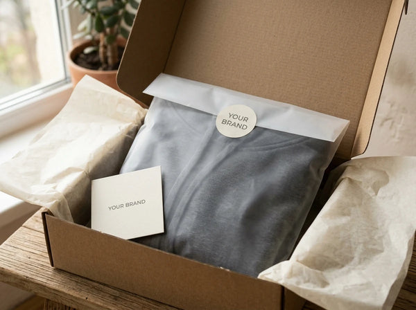 Branded unboxing experience — hoodie in a frosted polybag inside a kraft mailer box with branded card and tissue