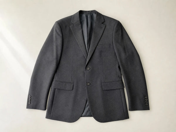 Custom charcoal branding-ready blazer, front flat lay