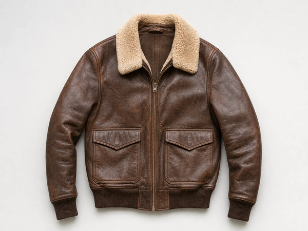 Custom brown leather aviator jacket, front flat lay