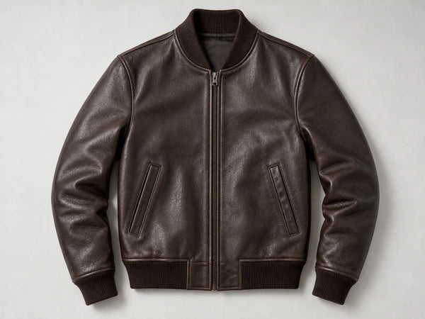 Custom brown leather bomber jacket, front flat lay
