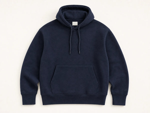 Custom brushed-fleece heavyweight hoodie in midnight navy, front flat lay