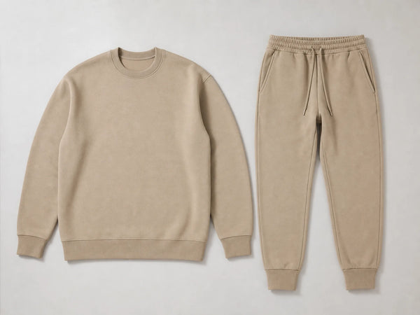 Custom stone brushed fleece tracksuit with sweatshirt and joggers, front flat lay