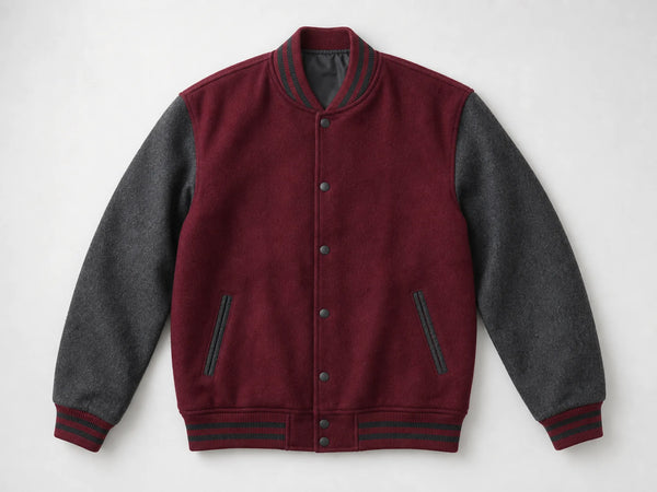 Custom burgundy and charcoal two-tone wool varsity jacket, front flat lay