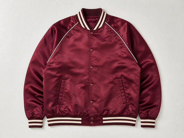 Custom burgundy souvenir satin jacket, front flat lay