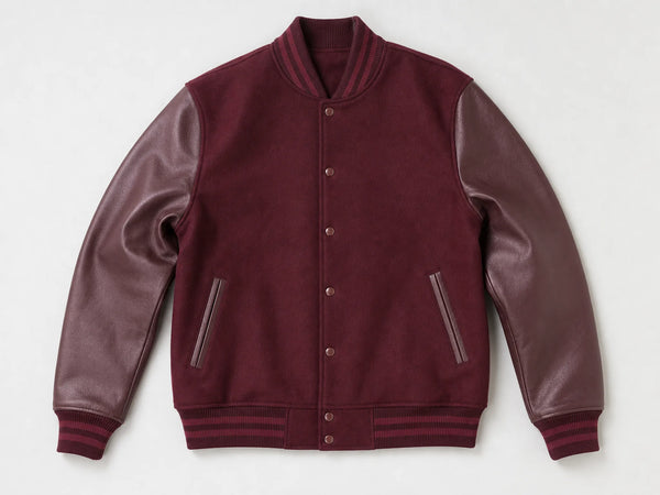 Custom burgundy tonal leather-sleeve varsity jacket, front flat lay