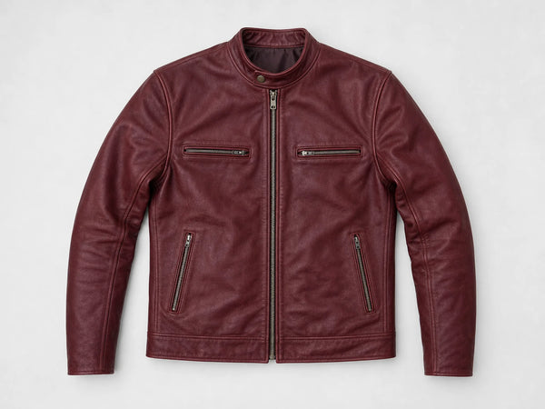 Custom burgundy leather café racer jacket, front flat lay