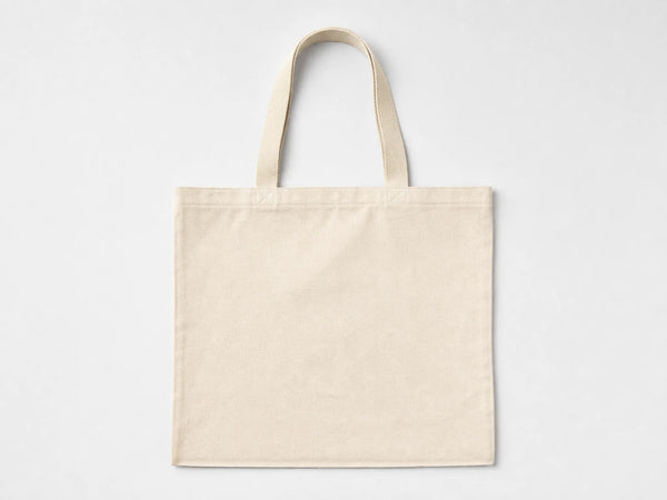 Photorealistic product mockup of a blank natural ecru canvas tote bag with reinforced handles viewed overhead on a light-grey background.