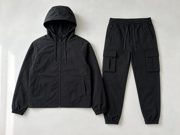 Custom black cargo jogger tracksuit with utility pockets, front flat lay