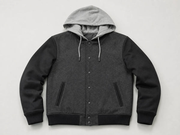 Custom charcoal hooded varsity jacket, front flat lay