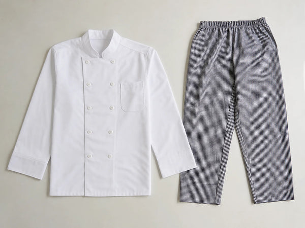 Custom chef whites jacket and trousers, front flat lay