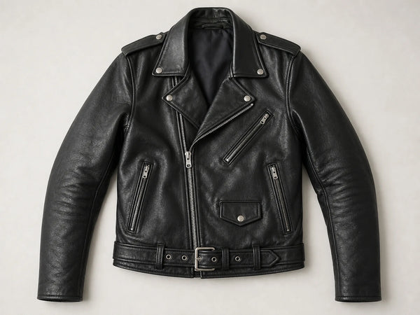 Custom black classic double-rider leather jacket, front flat lay