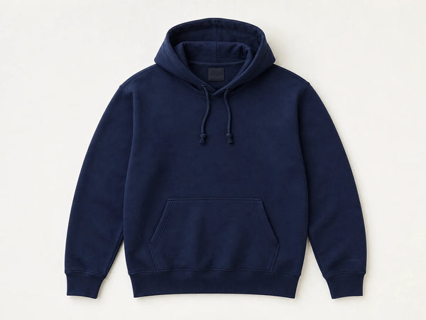 Classic custom pullover hoodie in navy heavyweight fleece, front flat lay