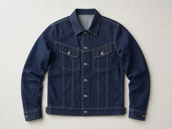 Custom indigo classic trucker jacket, front flat lay