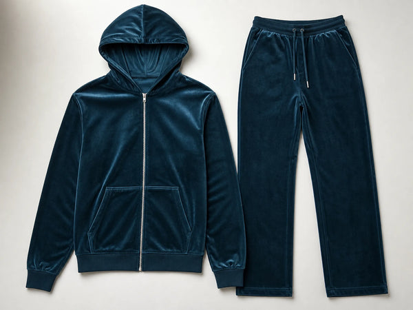 Custom midnight teal classic velour tracksuit with zip hoodie and pants, front flat lay