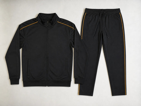Custom black club tracksuit with amber piping, front flat lay