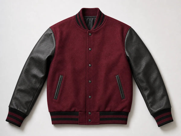 Custom burgundy varsity jacket with black leather sleeves, front flat lay