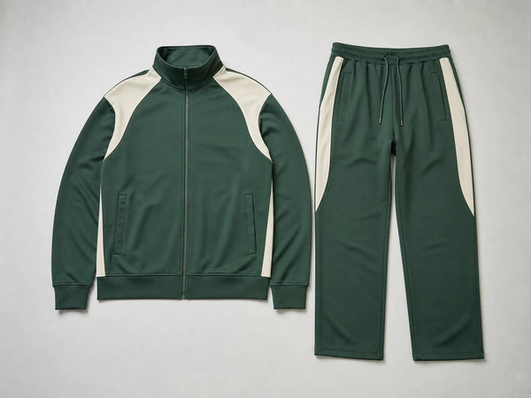 Custom forest green and cream contrast-panel tracksuit, front flat lay
