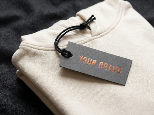 Copper foil stamped hang tag on charcoal card with waxed cord — premium custom hang tags for clothing brands