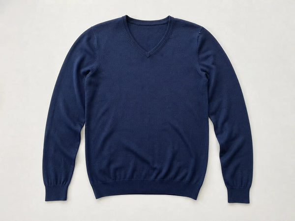 Custom navy corporate V-neck knitwear, front flat lay