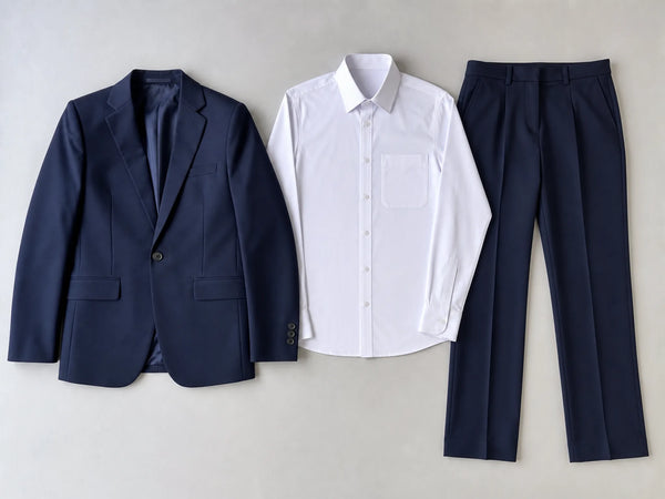 Custom navy corporate uniform with blazer, shirt and trousers, front flat lay