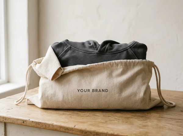 Custom cotton drawstring garment bag with printed logo holding a charcoal hoodie — branded garment bags