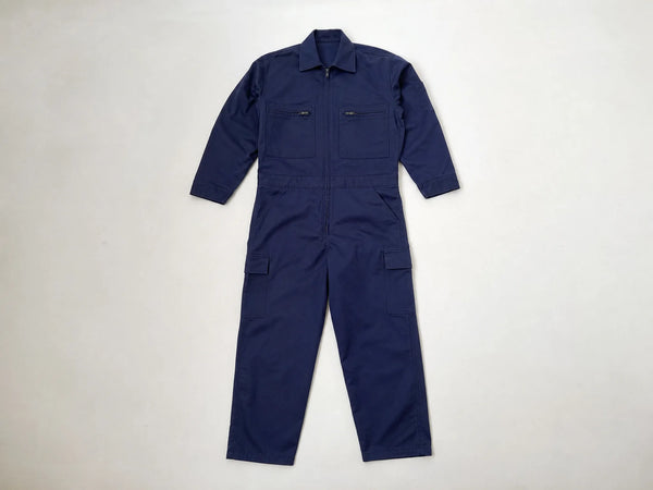 Custom navy work coveralls, front flat lay