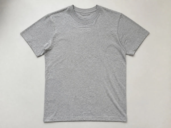 Custom grey crew-neck staff T-shirt, front flat lay