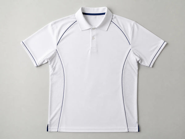 Custom white cricket shirt with navy piping, front flat lay