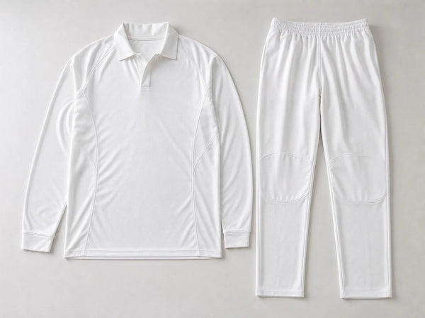 Custom cricket whites with long-sleeve shirt and trousers, front flat lay