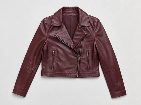 Custom oxblood cropped biker jacket, front flat lay
